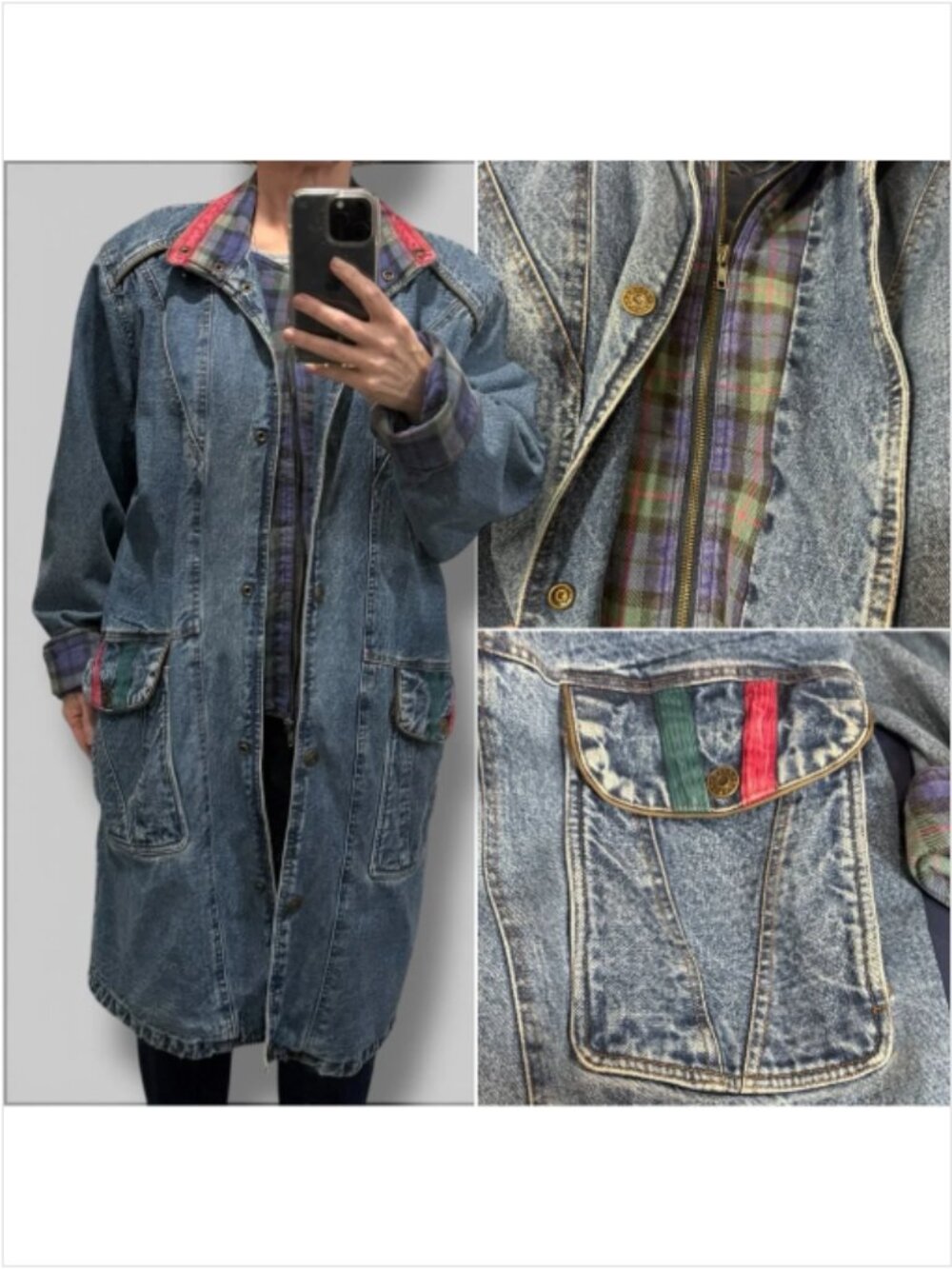 Vintage Current Seen Denim Duster Coat Flannel Lined Oversized Size Medium